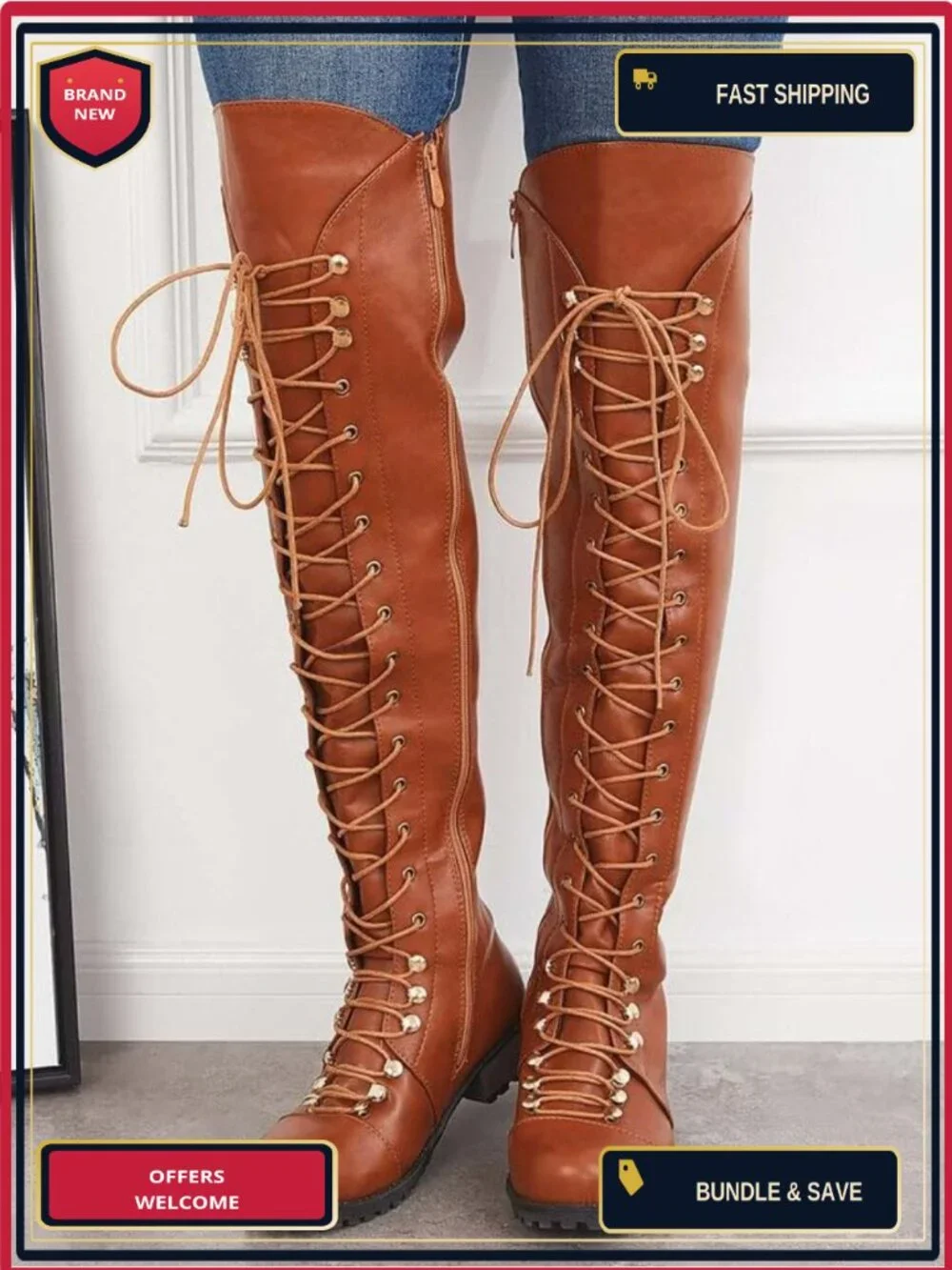 Over the Knee Lace Up Flat Boots PU Leather Riding Boots Women's